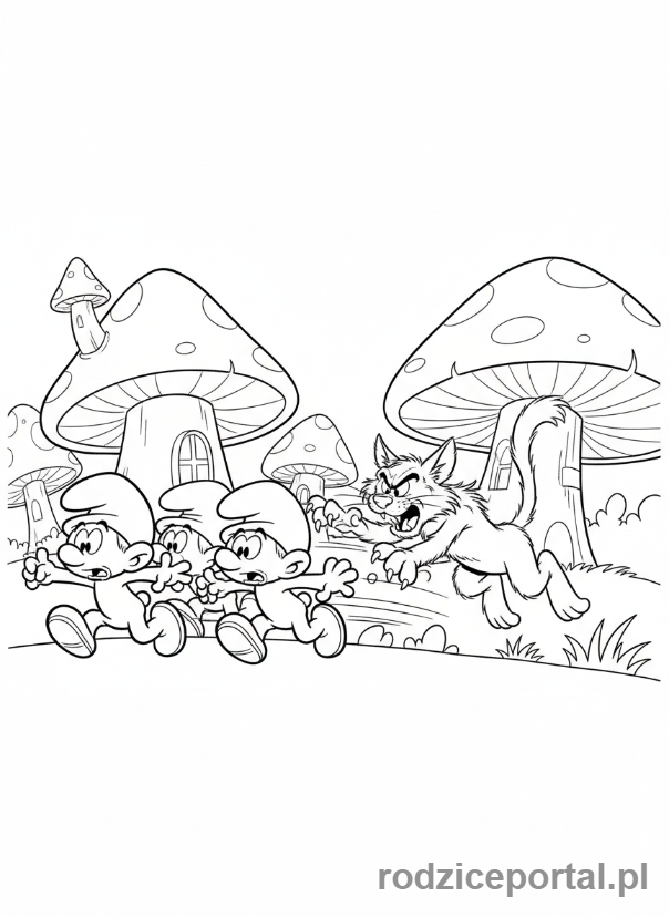 Kolorowanka Smerfy - Trzy Smerfy uciekające przed Klakierem