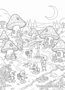 Kolorowanka Smerfy - Wioska Smerfów z domkami-grzybami i Smerfami