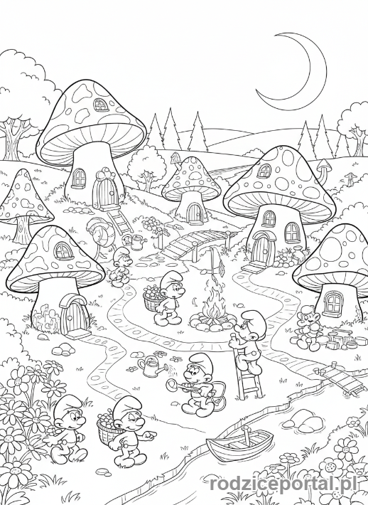 Kolorowanka Smerfy - Wioska Smerfów z domkami-grzybami i Smerfami