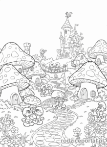 Kolorowanka Smerfy - Wioska Smerfów z mieszkańcami