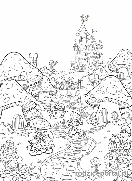 Kolorowanka Smerfy - Wioska Smerfów z mieszkańcami