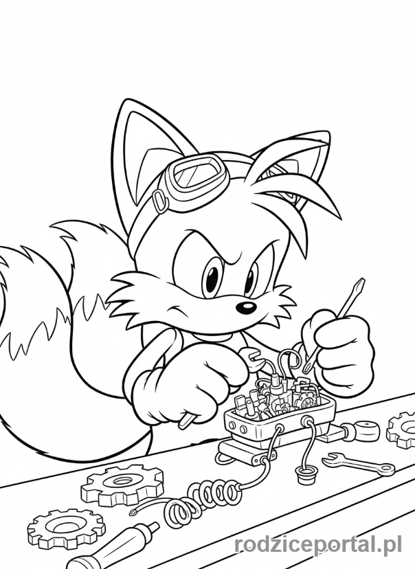 Kolorowanka Sonic - Tails naprawiający maszynę