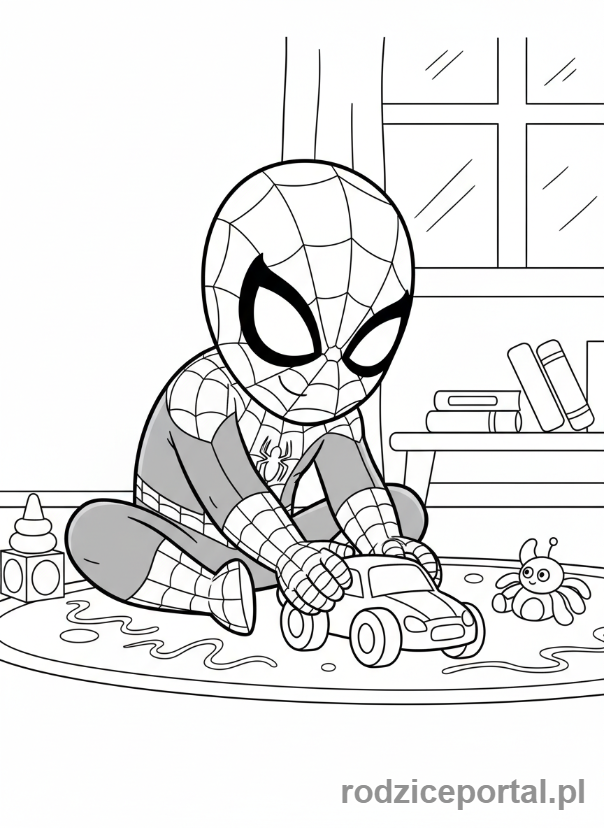 Kolorowanka Spider Man - Spider-Man bawiący się samochodzikiem