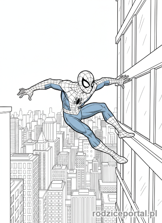Kolorowanka Spider Man - Spider-Man czołgający się po ścianie wieżowca.