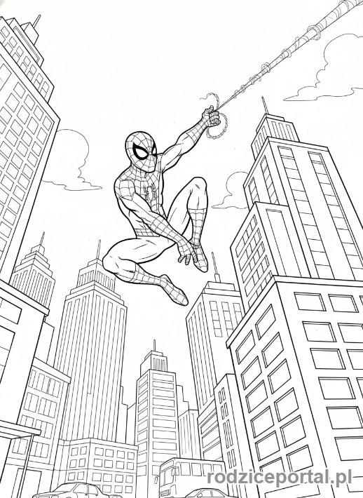 Kolorowanka Spider Man - Spider-Man huśtający się nad miastem.