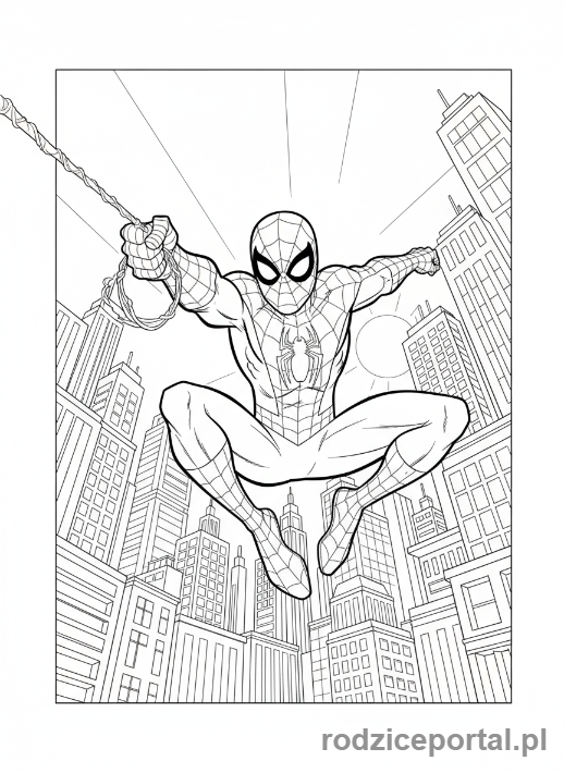 Kolorowanka Spider Man - Spider-Man huśtający się nad miastem