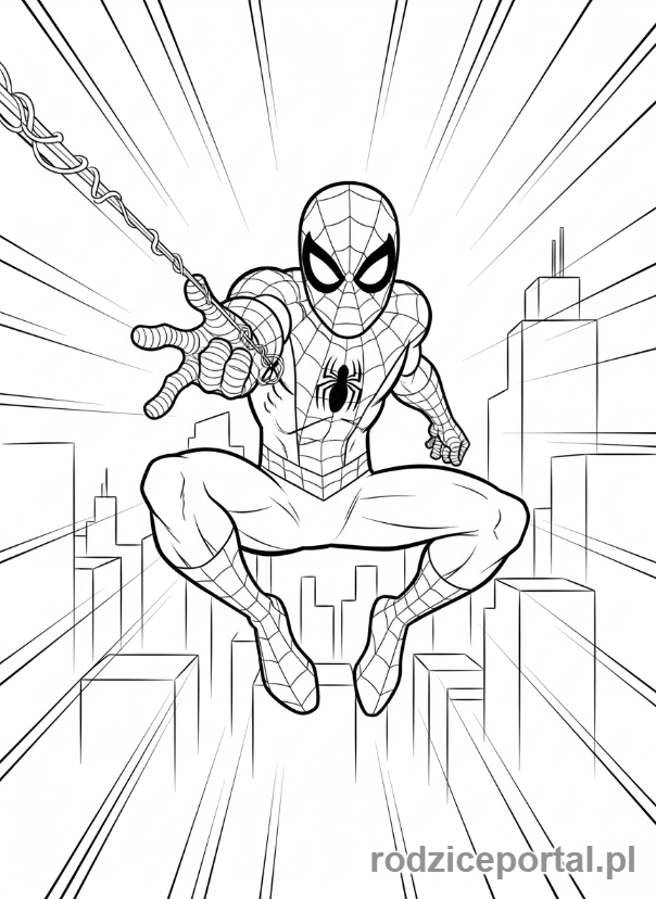 Kolorowanka Spider Man - Spider-Man huśtający się w stronę widza
