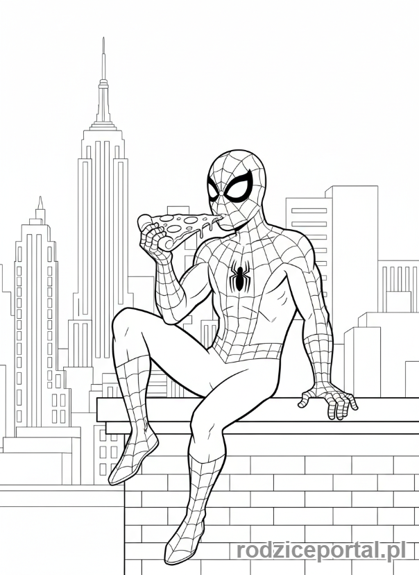 Kolorowanka Spider Man - Spider-Man jedzący pizzę na dachu.