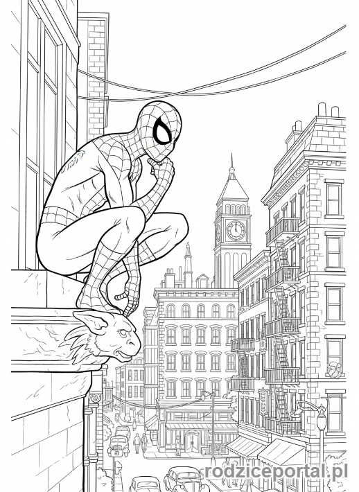 Kolorowanka Spider Man - Spider-Man obserwujący ulicę