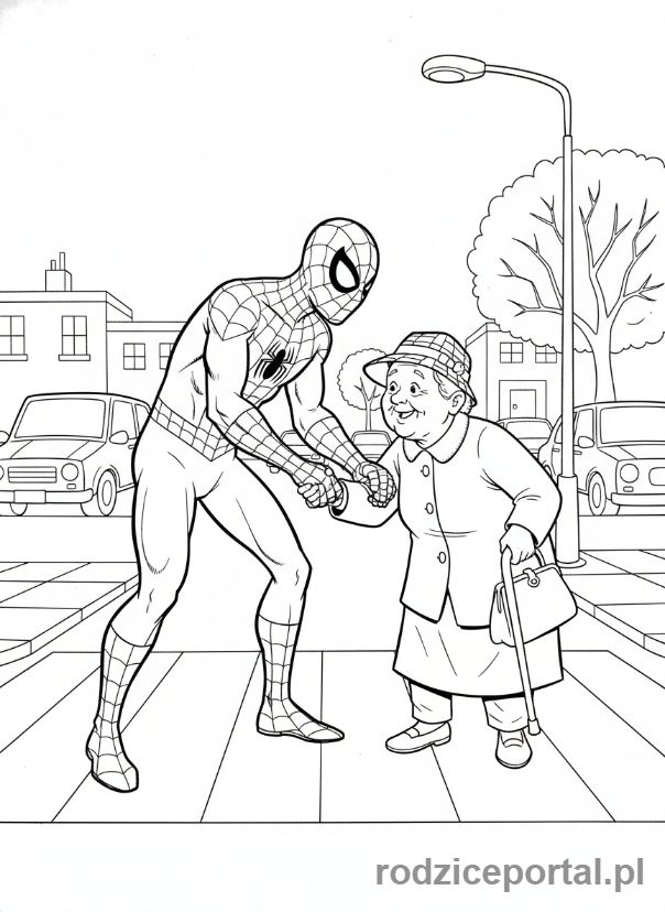 Kolorowanka Spider Man - Spider-Man pomagający starszej osobie