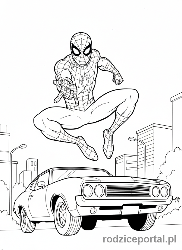 Kolorowanka Spider Man - Spider-Man przeskakujący samochód