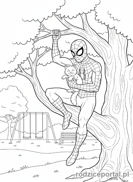 Kolorowanka Spider Man - Spider-Man ratujący kota z drzewa