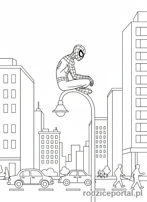 Kolorowanka Spider Man - Spider-Man siedzący na latarni