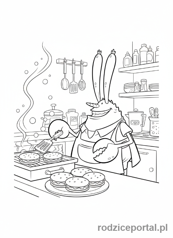 Kolorowanka Spongebob - Pan Krab gotujący Krabby Patties.