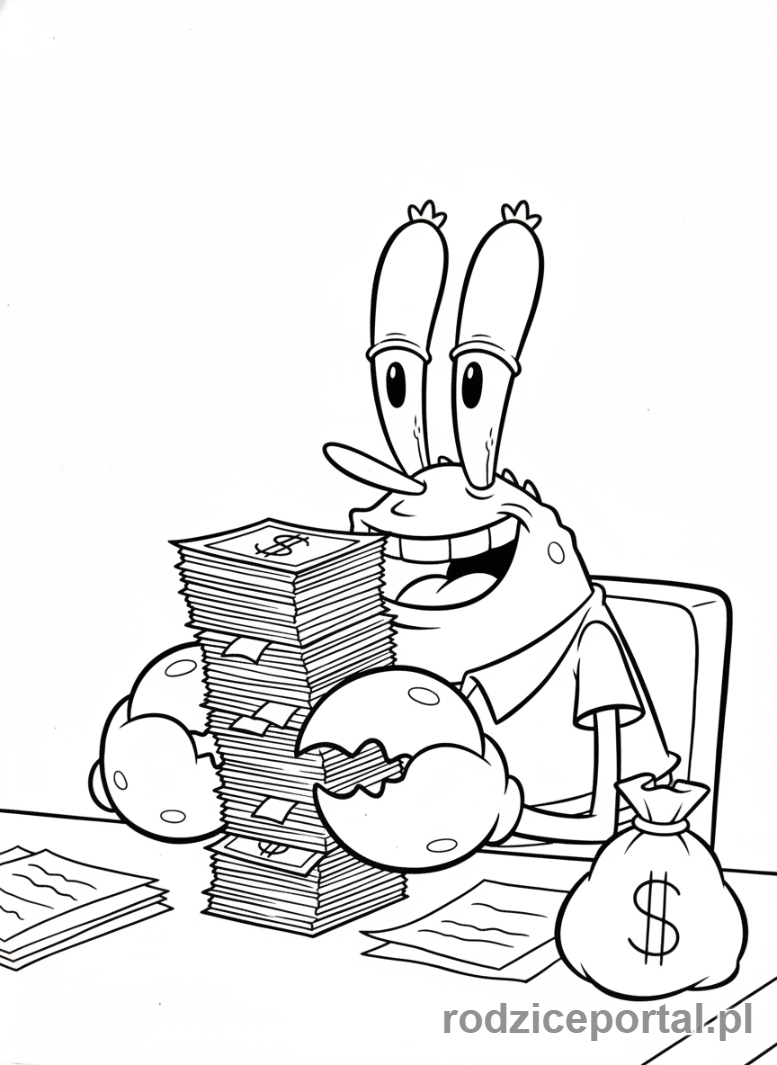Kolorowanka Spongebob - Pan Krab liczący pieniądze.