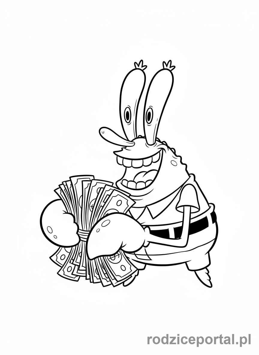 Kolorowanka Spongebob - Pan Krab śmiejący się z pieniędzy.