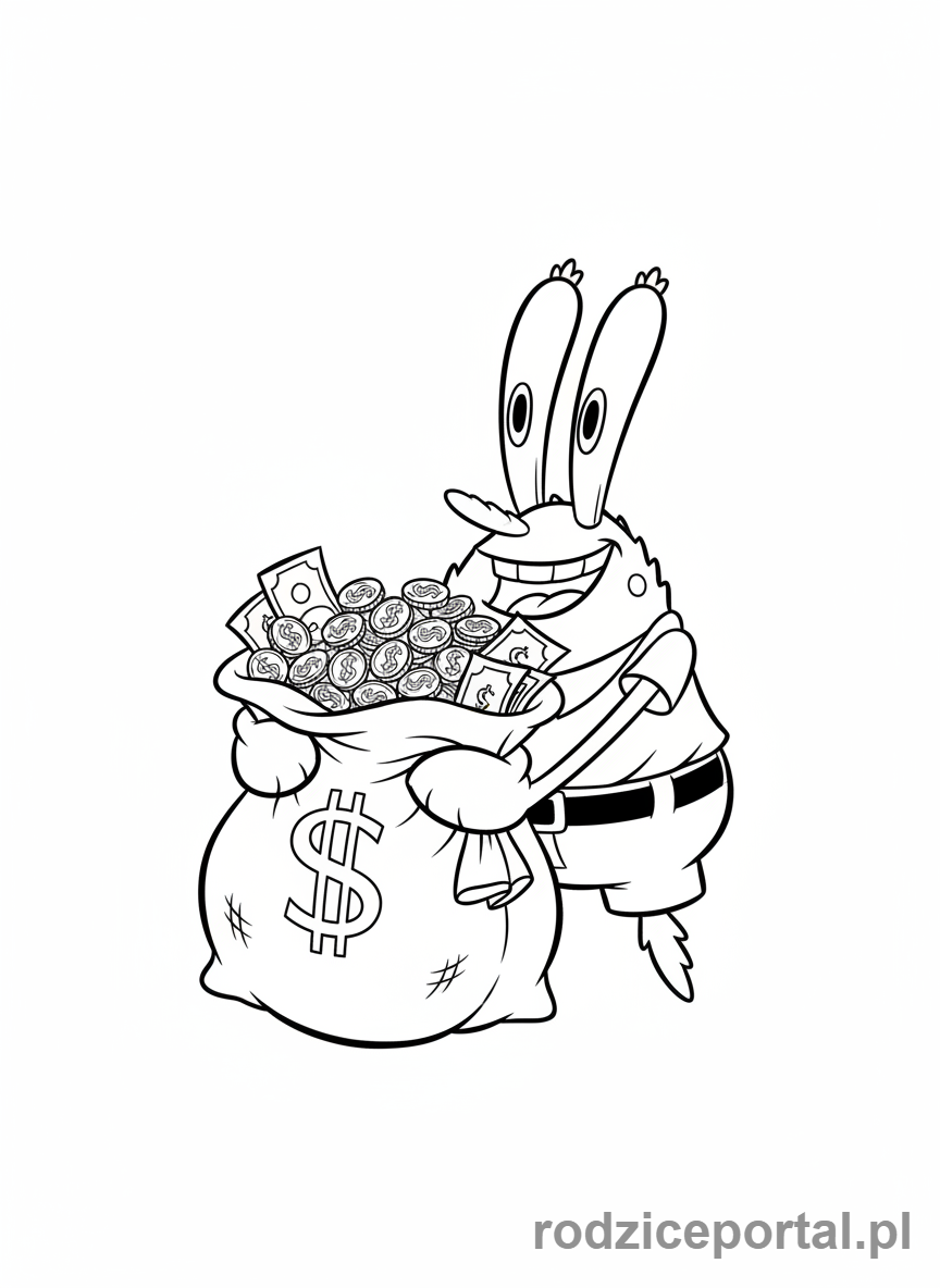 Kolorowanka Spongebob - Pan Krab z workiem pieniędzy.