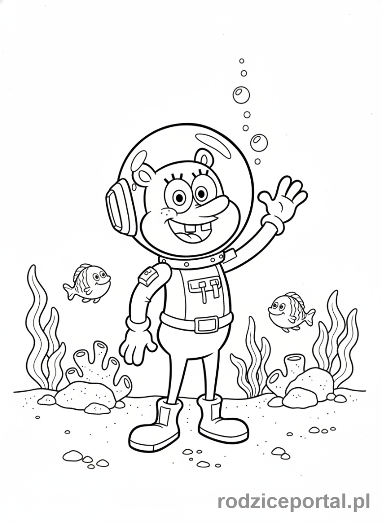 Kolorowanka Spongebob - Sandy Cheeks machająca w skafandrze.