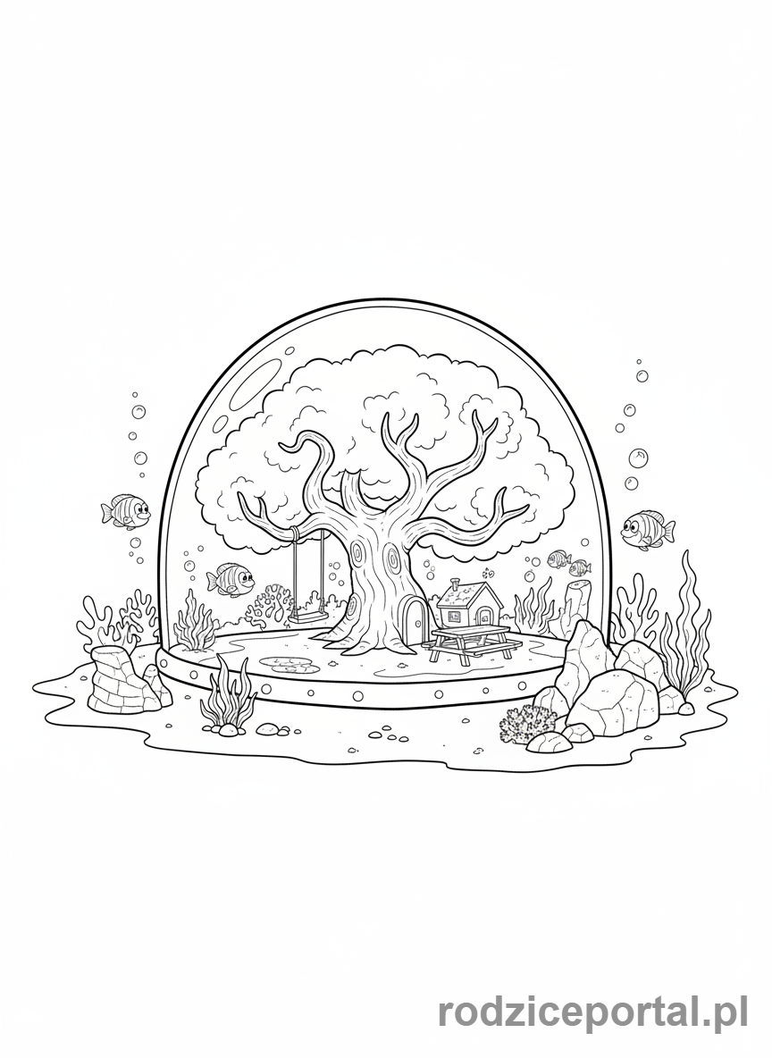 Kolorowanka Spongebob - Sandy podwodny domek na drzewie.