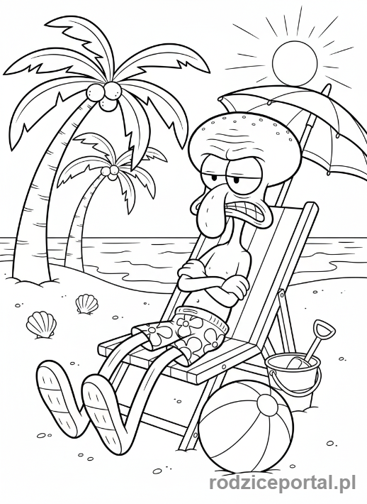Kolorowanka Spongebob - Skalmar opalający się na leżaku.