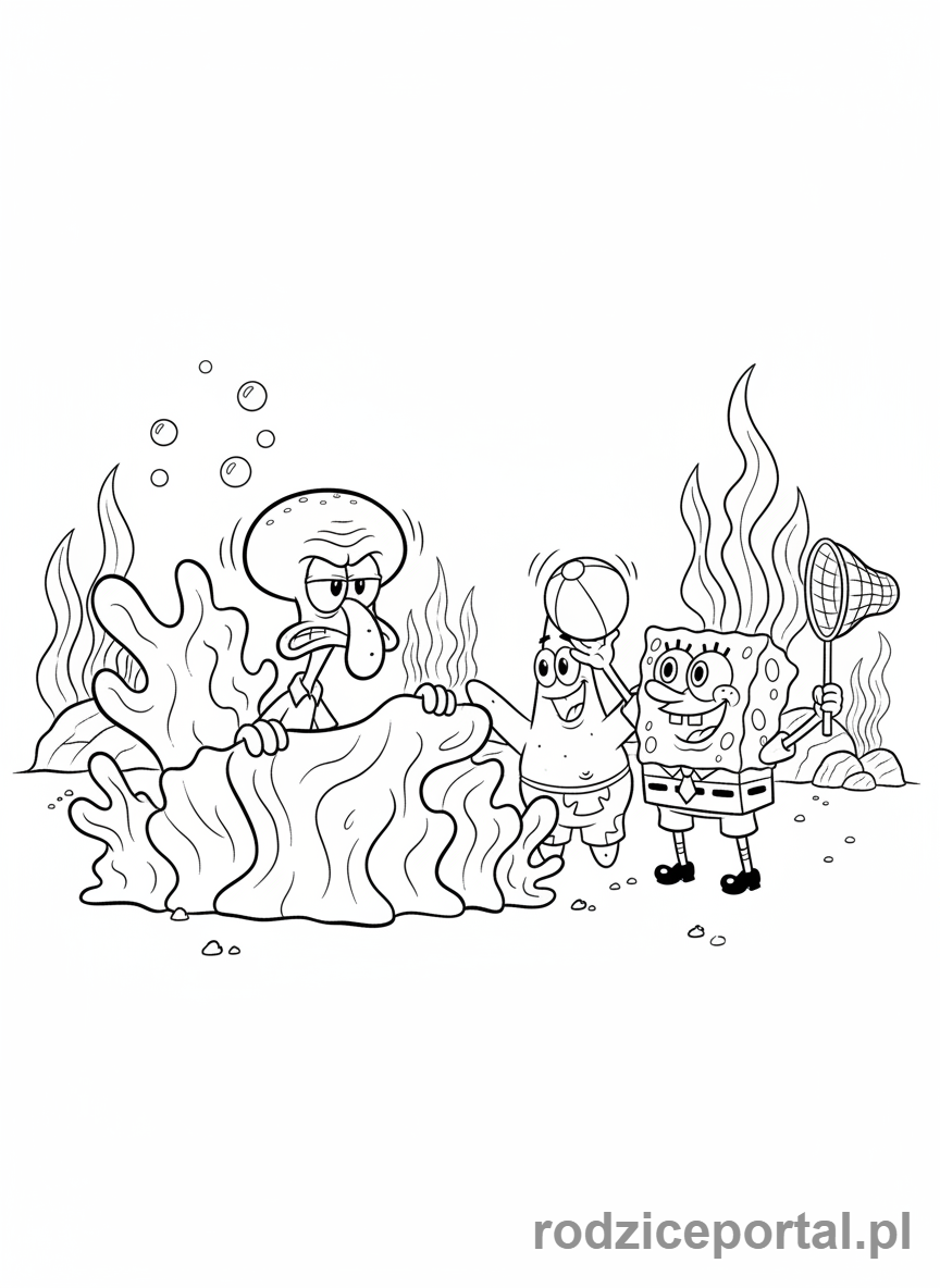 Kolorowanka Spongebob - Skalmar unika Spongeboba i Patryka.