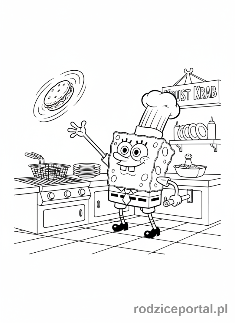 Kolorowanka Spongebob - Spongebob gotujący Krabby Patty w kuchni.
