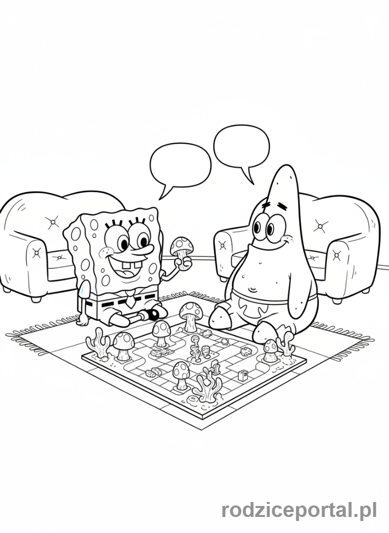 Kolorowanka Spongebob - Spongebob i Patryk grający w gry planszowe.