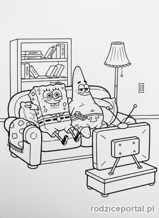 Kolorowanka Spongebob - Spongebob i Patryk oglądający telewizję.