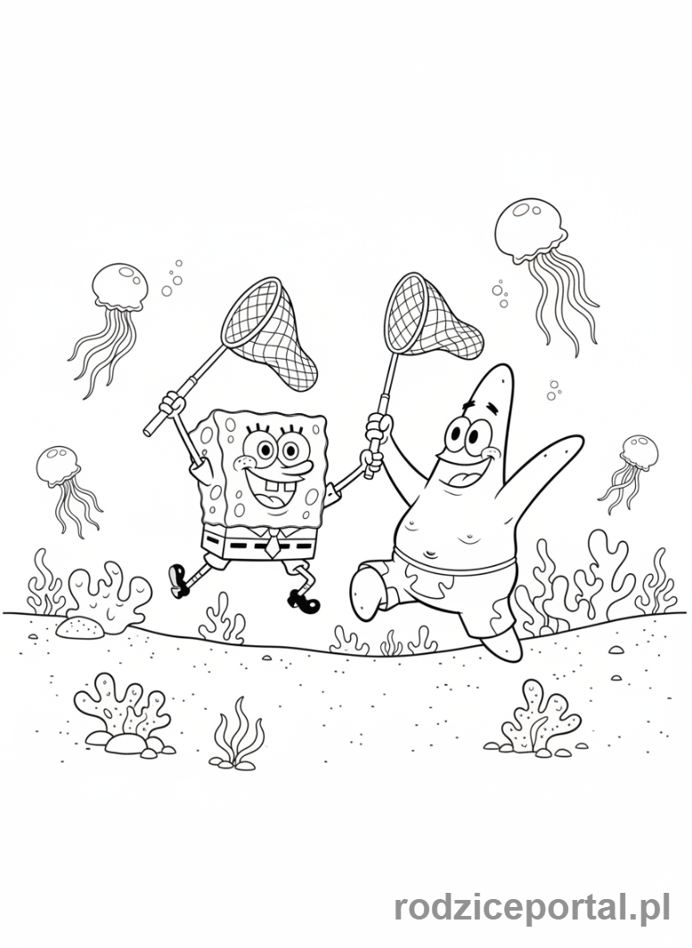 Kolorowanka Spongebob - Spongebob i Patryk łowiący meduzy.