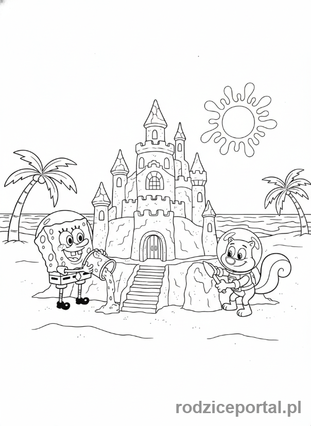 Kolorowanka Spongebob - Spongebob i Sandy budujący zamek z piasku.