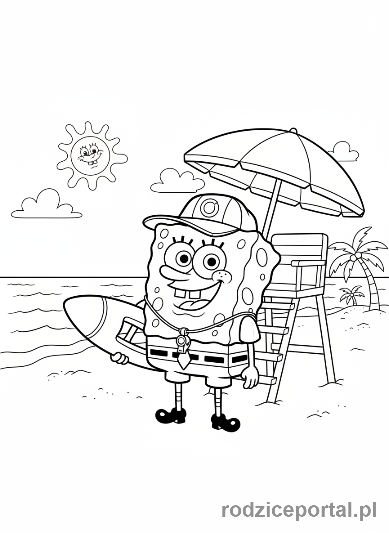 Kolorowanka Spongebob - Spongebob jako ratownik na plaży.