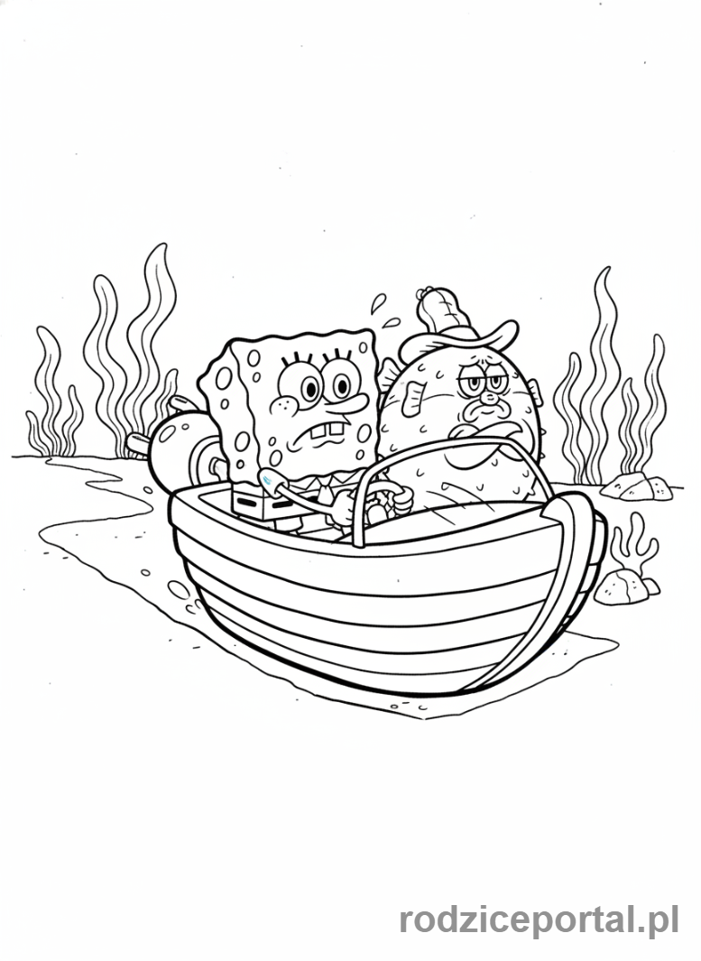 Kolorowanka Spongebob - Spongebob prowadzący łódź szkoleniową.