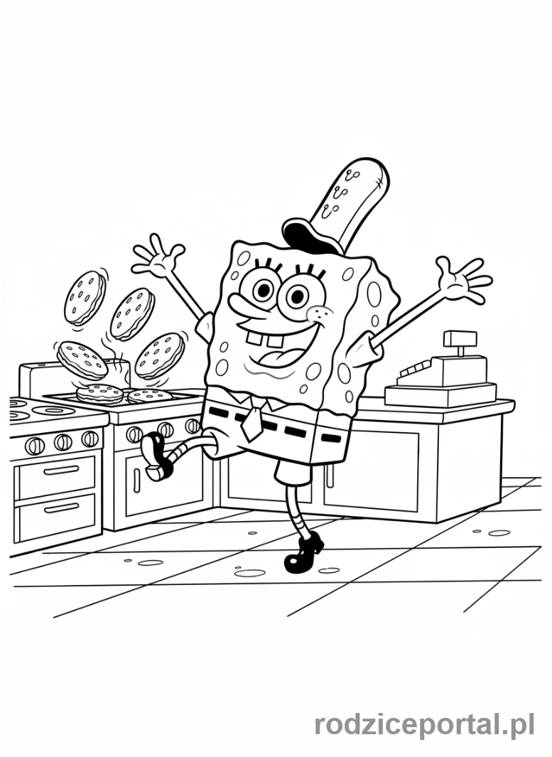 Kolorowanka Spongebob - Spongebob tańczący w pracy.