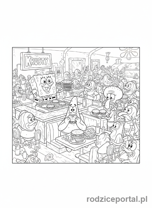 Kolorowanka Spongebob - Spongebob z przyjaciółmi w Krusty Krab.