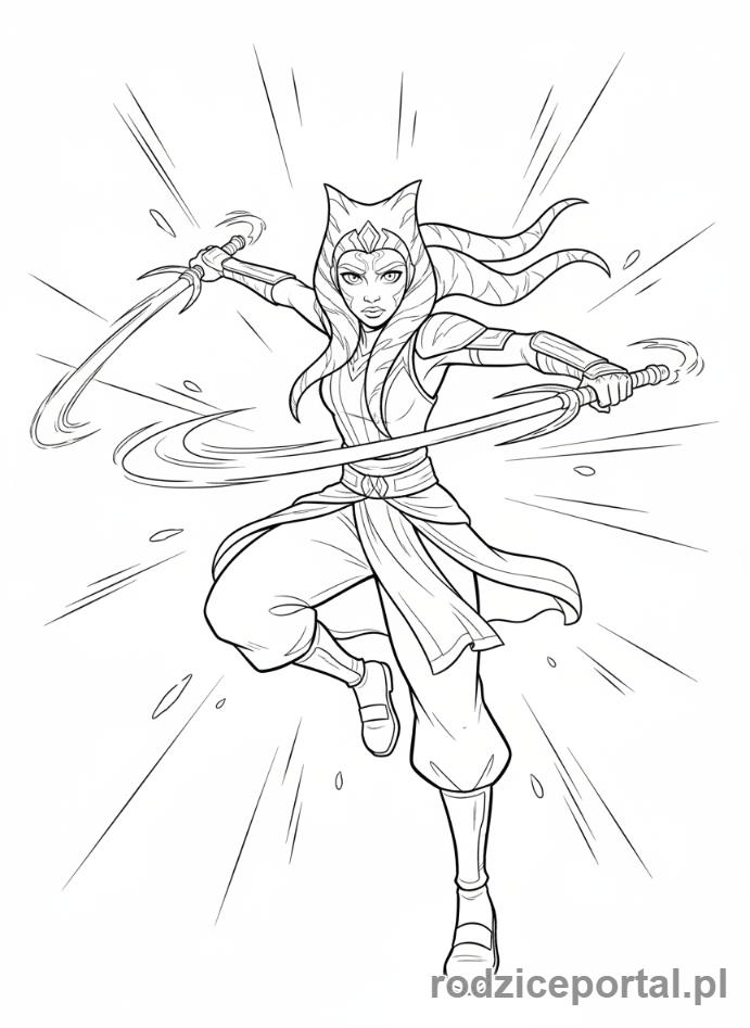 Kolorowanka Star Wars - Ahsoka Tano z dwoma mieczami świetlnymi