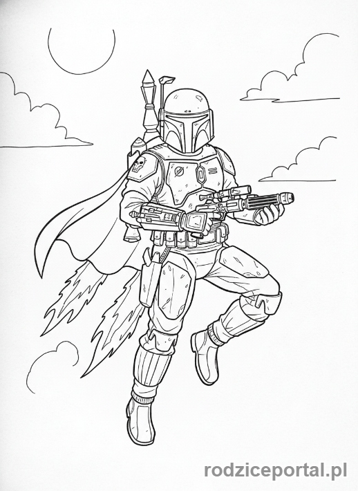 Kolorowanka Star Wars - Boba Fett w locie z plecakiem odrzutowym