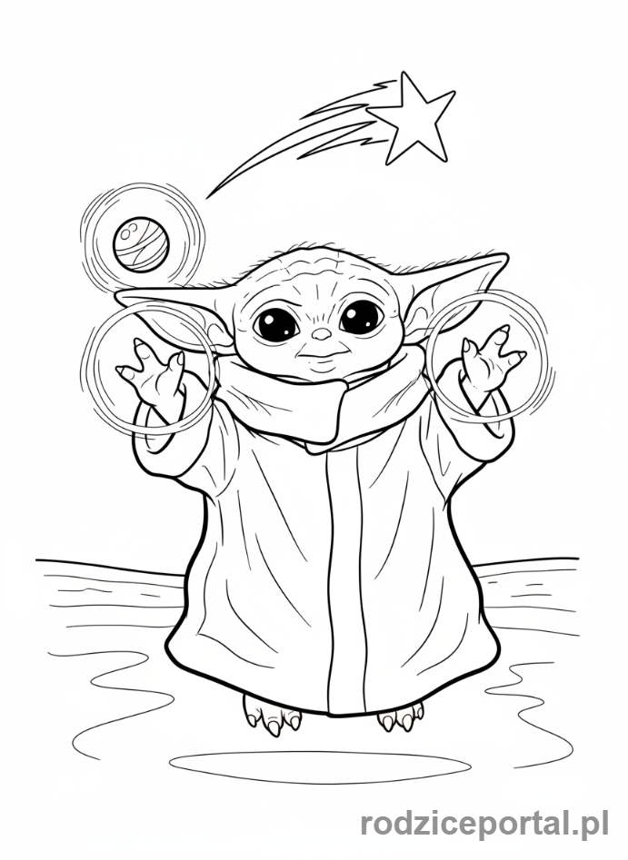 Kolorowanka Star Wars - Grogu używający Mocy, pełna sylwetka