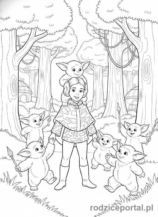 Kolorowanka Star Wars - Księżniczka Leia z Ewokami, szczęśliwa