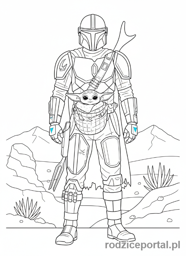 Kolorowanka Star Wars - Mandalorianin z Grogu, stojący