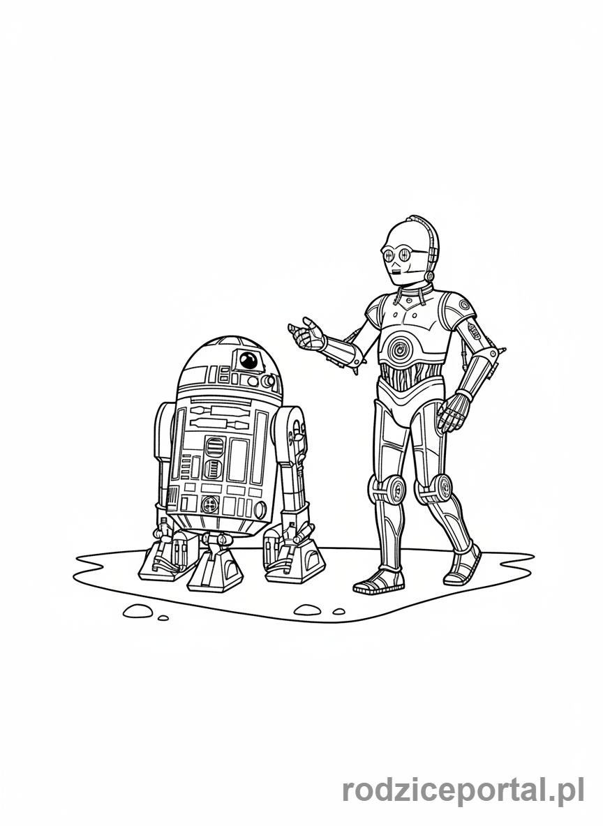 Kolorowanka Star Wars - R2-D2 i C-3PO idący razem, z boku