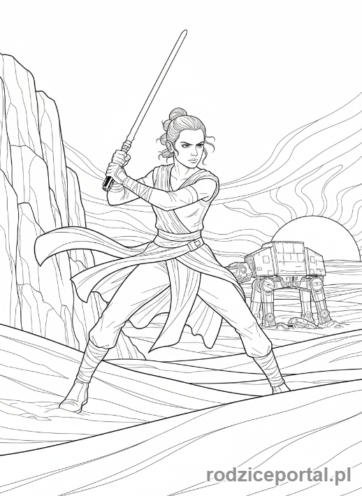 Kolorowanka Star Wars - Rey z mieczem świetlnym, pełna sylwetka