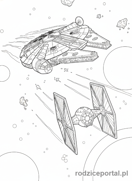 Kolorowanka Star Wars - Sokół Millennium i TIE Fighter, pościg