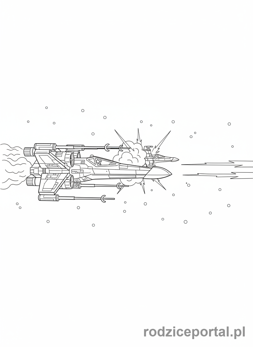 Kolorowanka Star Wars - X-wing w walce kosmicznej, z boku