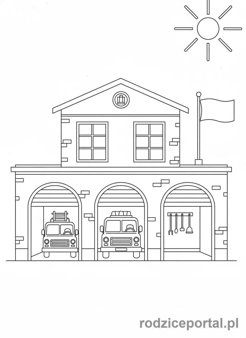 Kolorowanka Straż Pożarna - Remiza strażacka z otwartymi drzwiami.