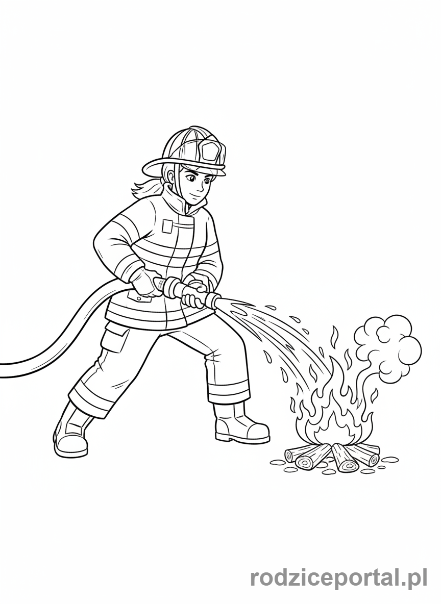 Kolorowanka Straż Pożarna - Strażaczka gasząca mały ogień.