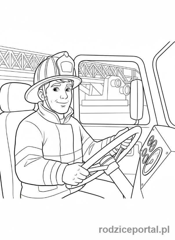 Kolorowanka Straż Pożarna - Strażak prowadzący wóz strażacki.