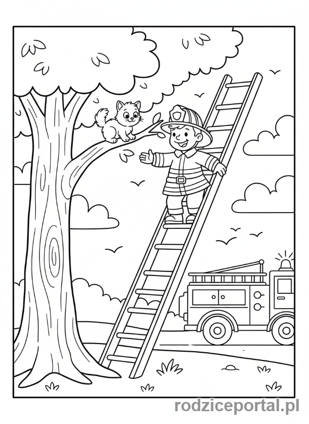 Kolorowanka Straż Pożarna - Strażak ratujący kotka z drzewa.