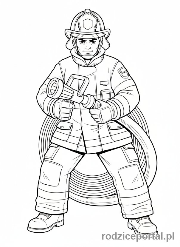 Kolorowanka Straż Pożarna - Strażak trzymający wąż gaśniczy.