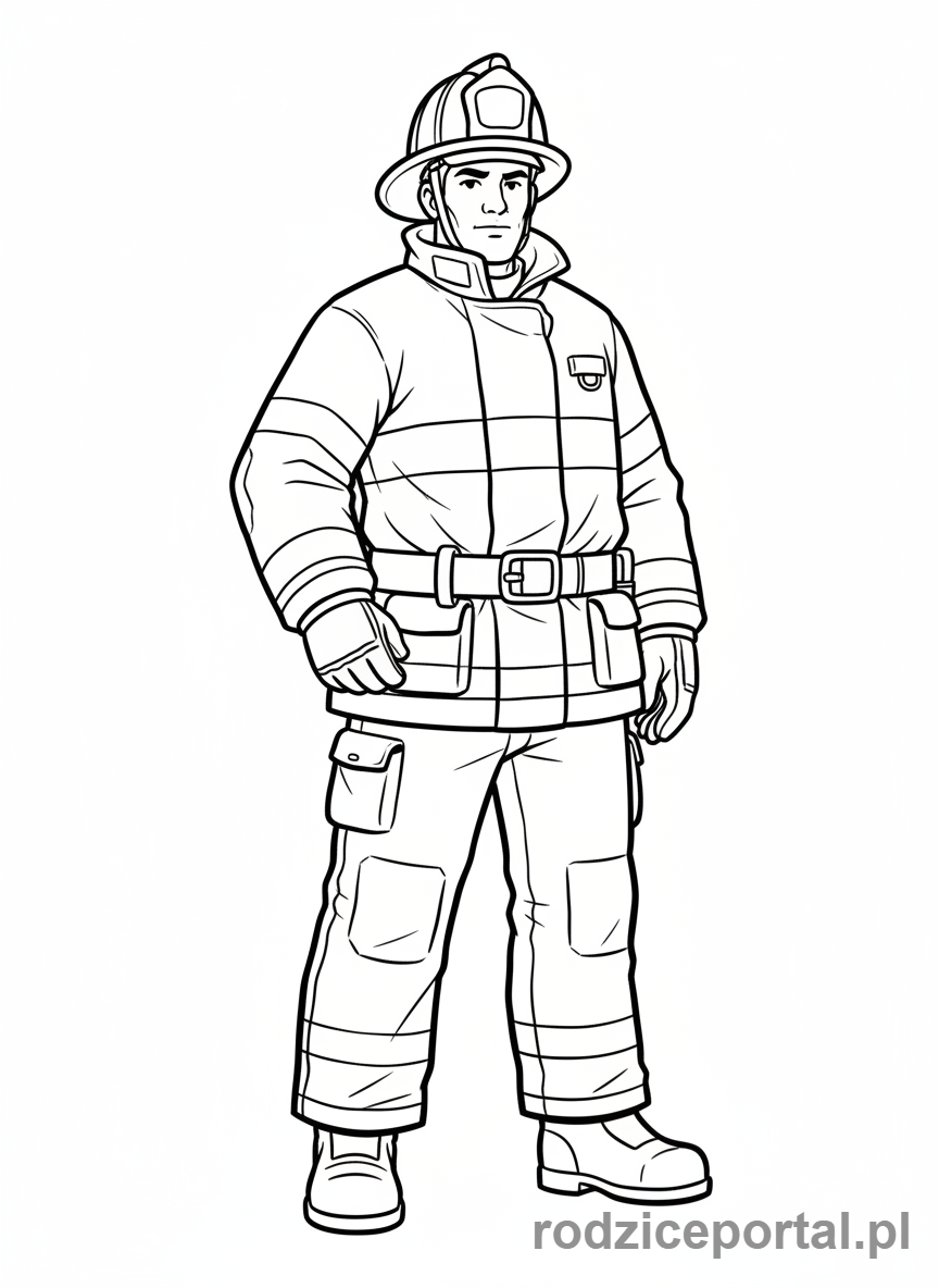 Kolorowanka Straż Pożarna - Strażak w pełnym rynsztunku.