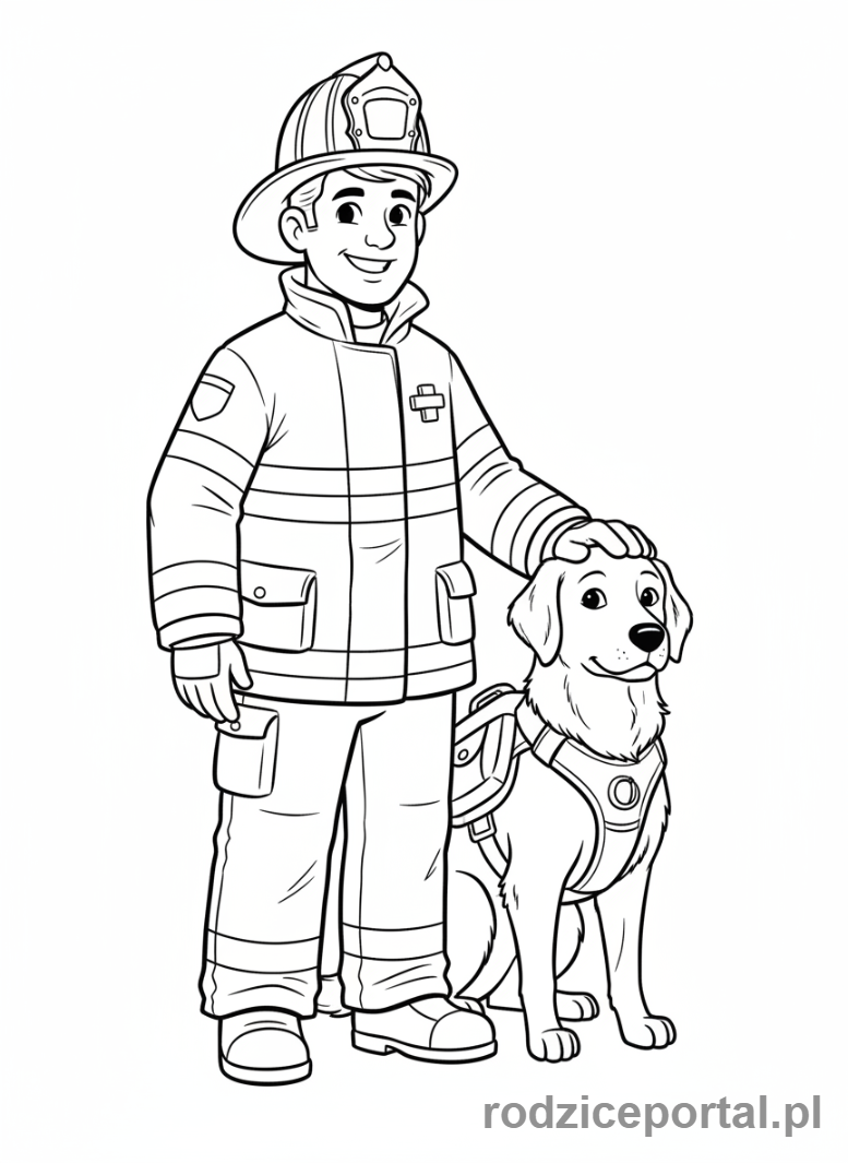 Kolorowanka Straż Pożarna - Strażak z psem ratowniczym.